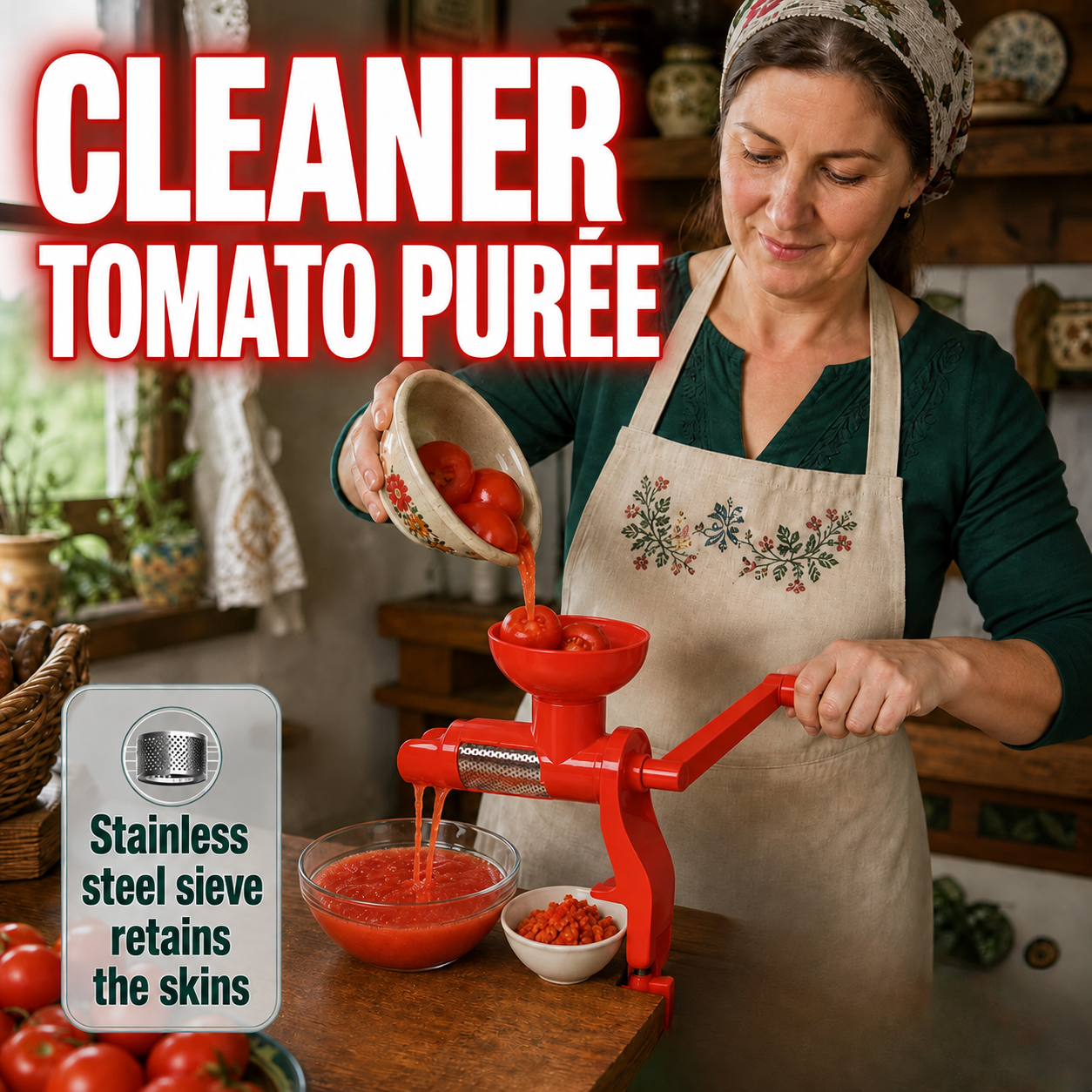 ❄️Summerfresh 48% rabatt!🍅Manuell grønnsaks- og fruktsil med filter i rustfritt stål – For puré, saus, passata, babymat og fruktpuré