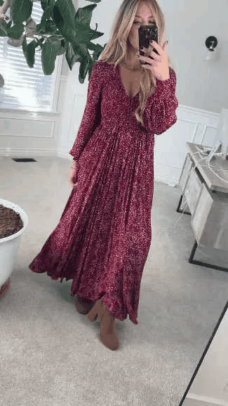 48 % rabatt💃Damekjole i rayon med blomstermønster, smockert midje og fôr