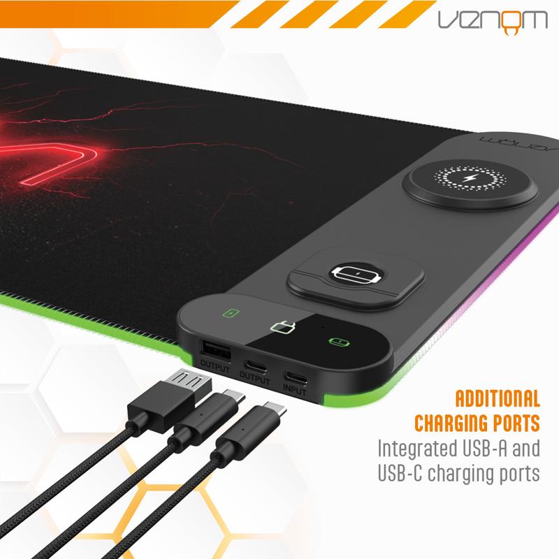 LED-spillbord med trådløs lading | USB-C- og USB-A-porter | Forlenget musematte på 800 x 300 mm