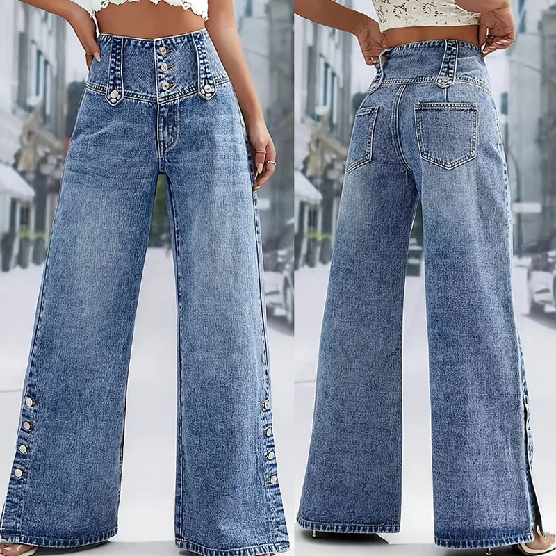 đ48 % RABATT! đ Damejeans med hĂžy midje og vide ben 2026 â Sidesplitter, stretchdenim og retroknappdetaljer đâš