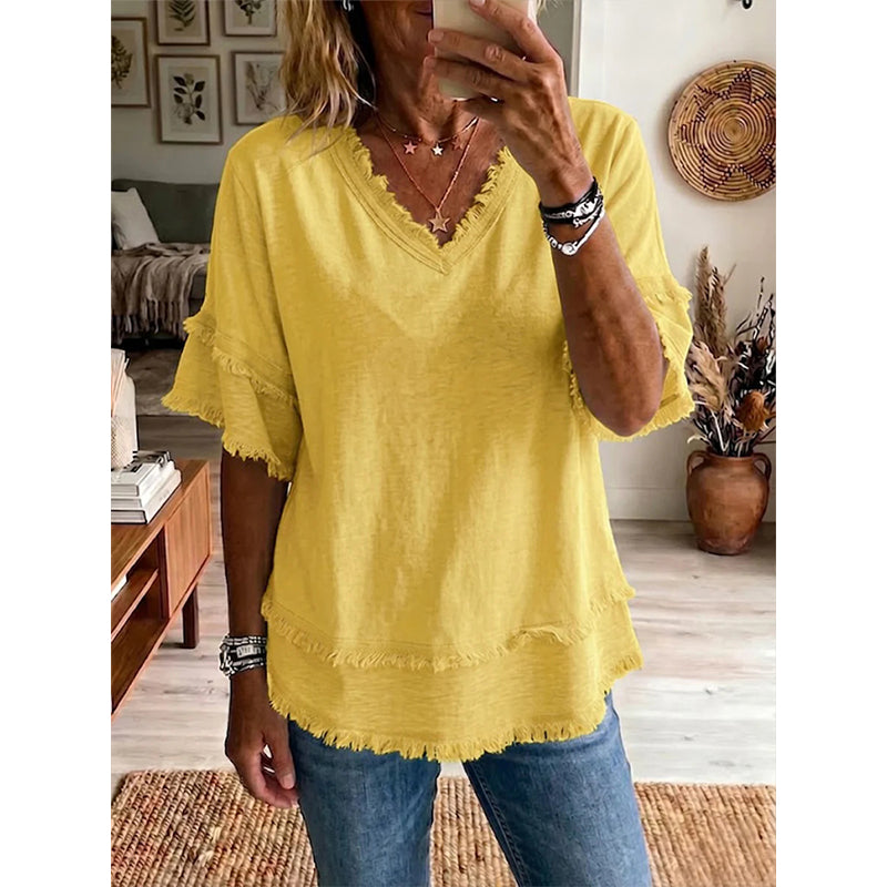 💖Boho-T-skjorte for damer med V-hals og flossete kanter 🌿 – Løstsittende, pustende sommertopp i myk bomull👚