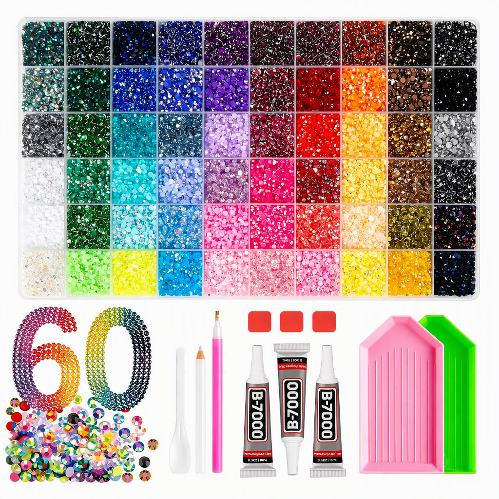 📢📢50 % RABATT! ⏰ AB-farget jelly flatback harpiks-rhinestone-sett med oppbevaringsboks, lim og verktøy for DIY neglekunst, klær og mobildeksel