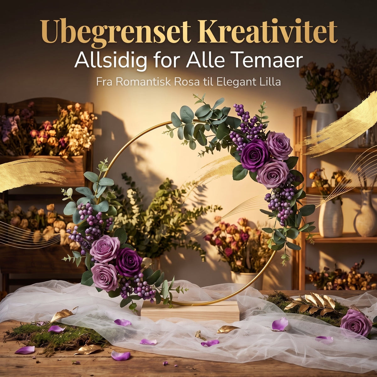 Blomsterdekorasjon i form av gullmetallring med trestativ