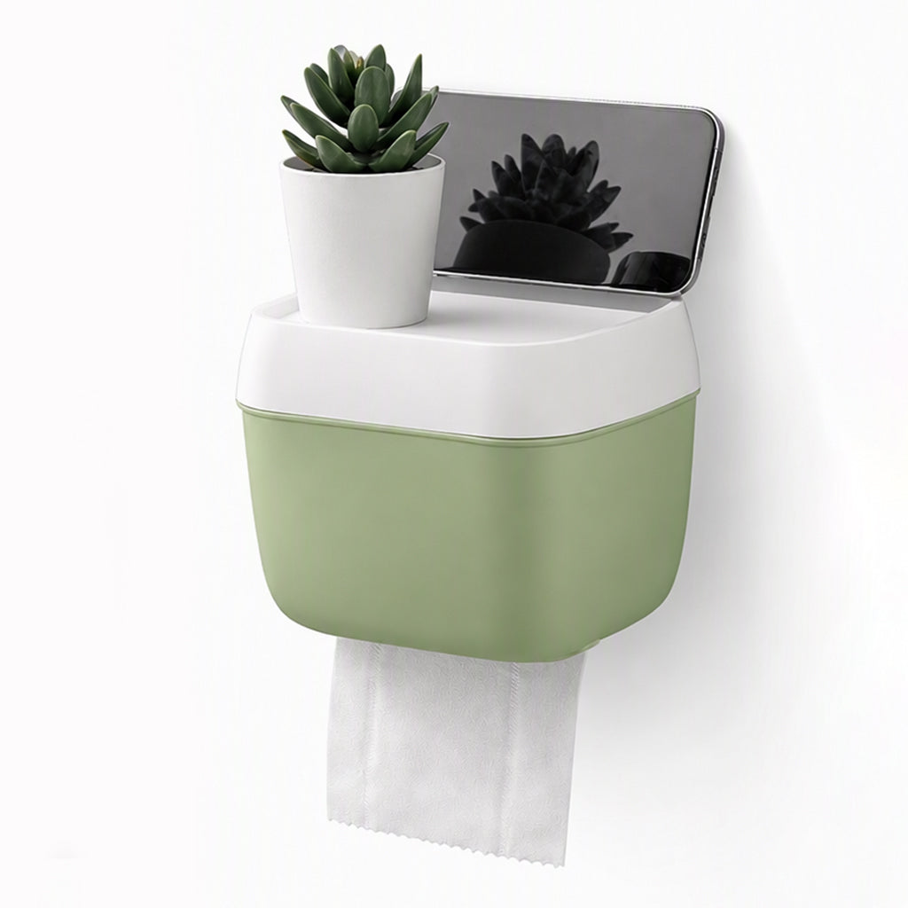 Veggmontert toalettpapirholder og papirdispenser med oppbevaringshylle for badet uten hull