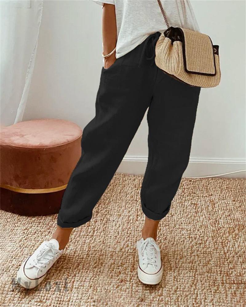 👖🌞Casual bomulls- og linbukser for kvinner – pustende, høy midje og ankelengde eleganse🤍