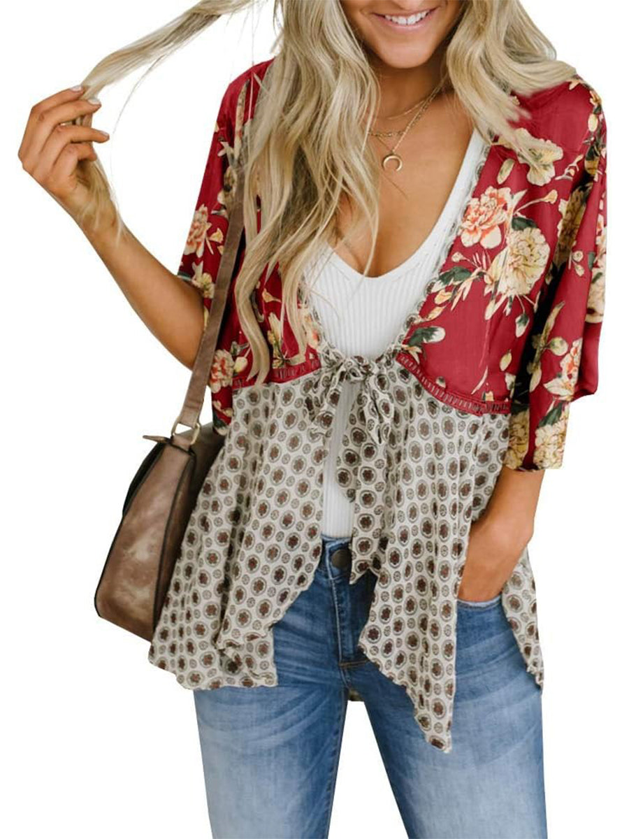 🌸Vårsalg 49 % rabatt🌸Blomstrete kimono-cardigans for damer med volanger på ermene, snøring og løst snitt i boho-stil
