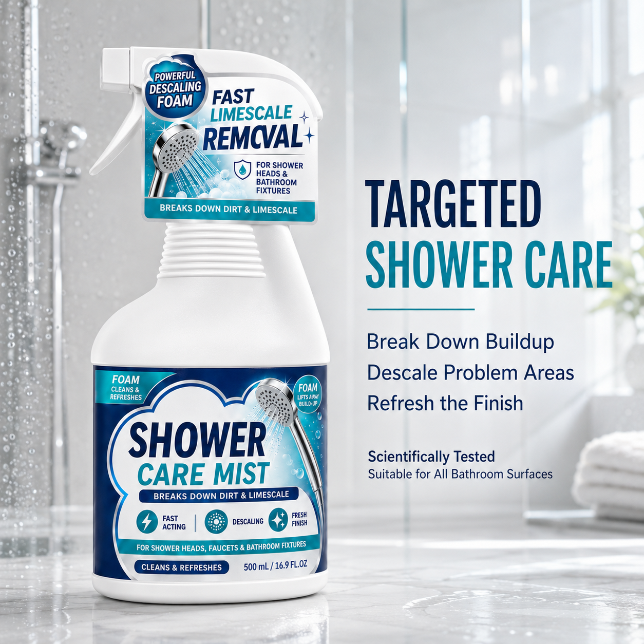 ❄️Summerfresh 50 % RABATT!🚿Hurtigvirkende kalkfjernerspray til badet – Rengjøringsmiddel for dusj, kran og hardt vann, 500 ml