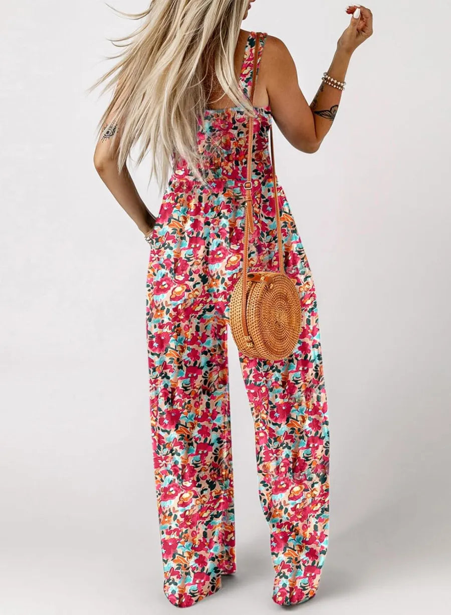 ✨ 48 % RABATT NÅ! 🌼 Ermeløs jumpsuit med blomsterprint til dame – Smocked byste og vide ben i sommerstil 👒🏖️