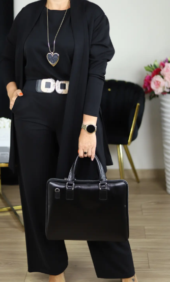 Elegant 3-delers sett: Lang cardigan, topp og bukser