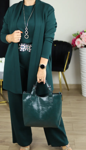 Elegant 3-delers sett: Lang cardigan, topp og bukser