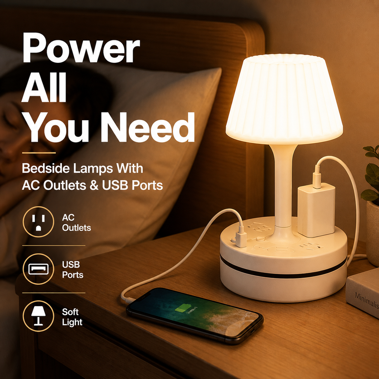 💡 Nattbordslampe med stikkontakter og USB-porter