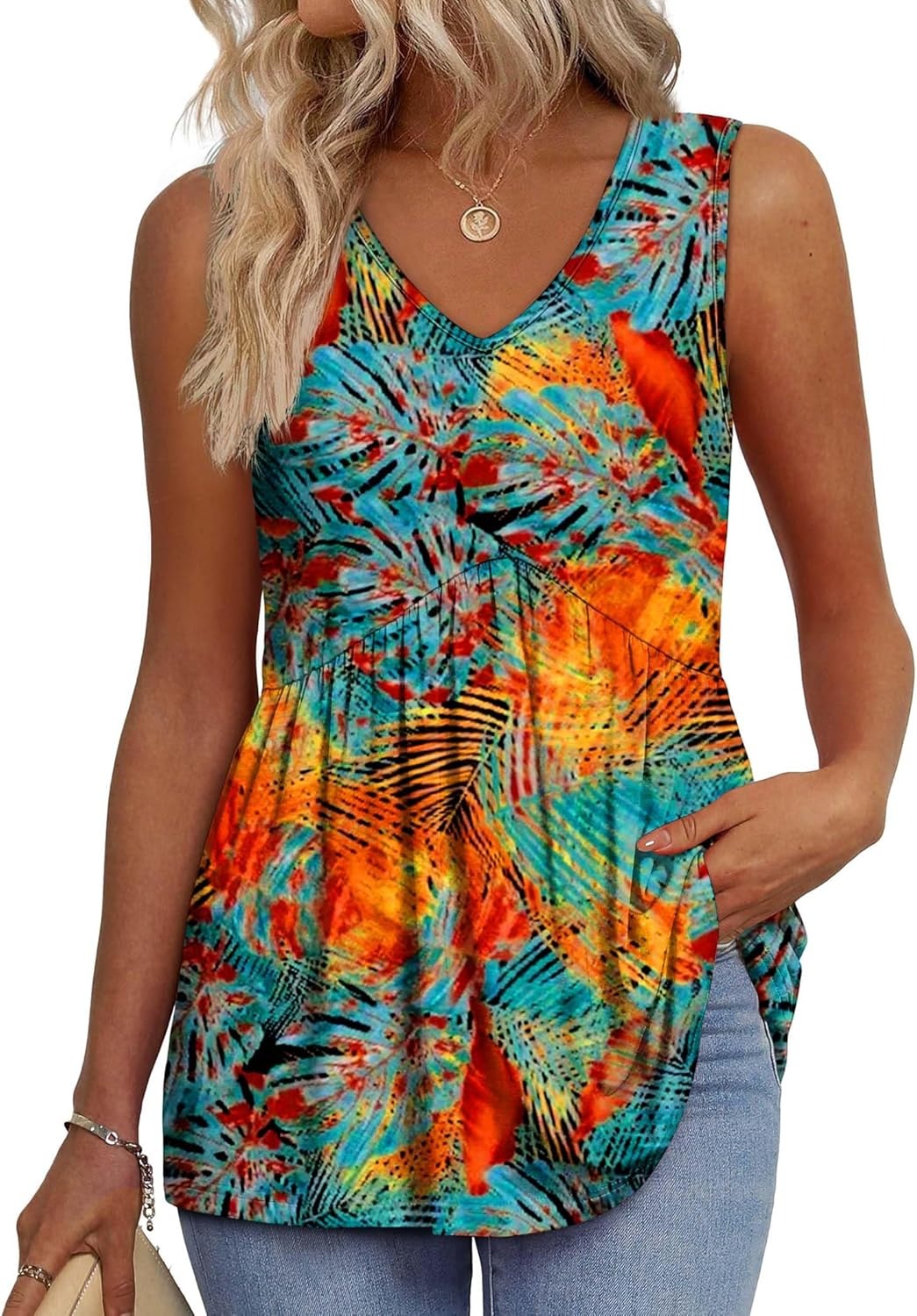 🌞VARMT SALG 48% RABATT👚Dameprint, flagrende, ermeløs peplum-tanktopper med V-hals