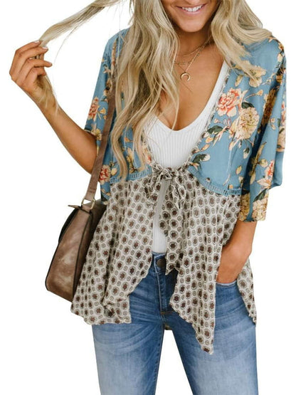 🌸Vårsalg 49 % rabatt🌸Blomstrete kimono-cardigans for damer med volanger på ermene, snøring og løst snitt i boho-stil