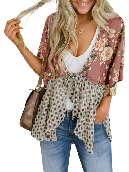 🌸Vårsalg 49 % rabatt🌸Blomstrete kimono-cardigans for damer med volanger på ermene, snøring og løst snitt i boho-stil