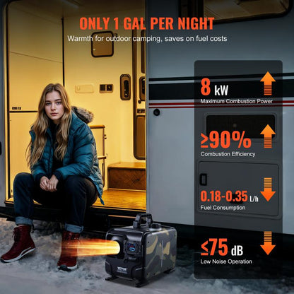 8 kW dieselvarmer, 12 V/24 V alt-i-ett dieselluftvarmer, Bluetooth-appkontroll, fjernkontroll og display, CO-alarm, hurtigoppvarming