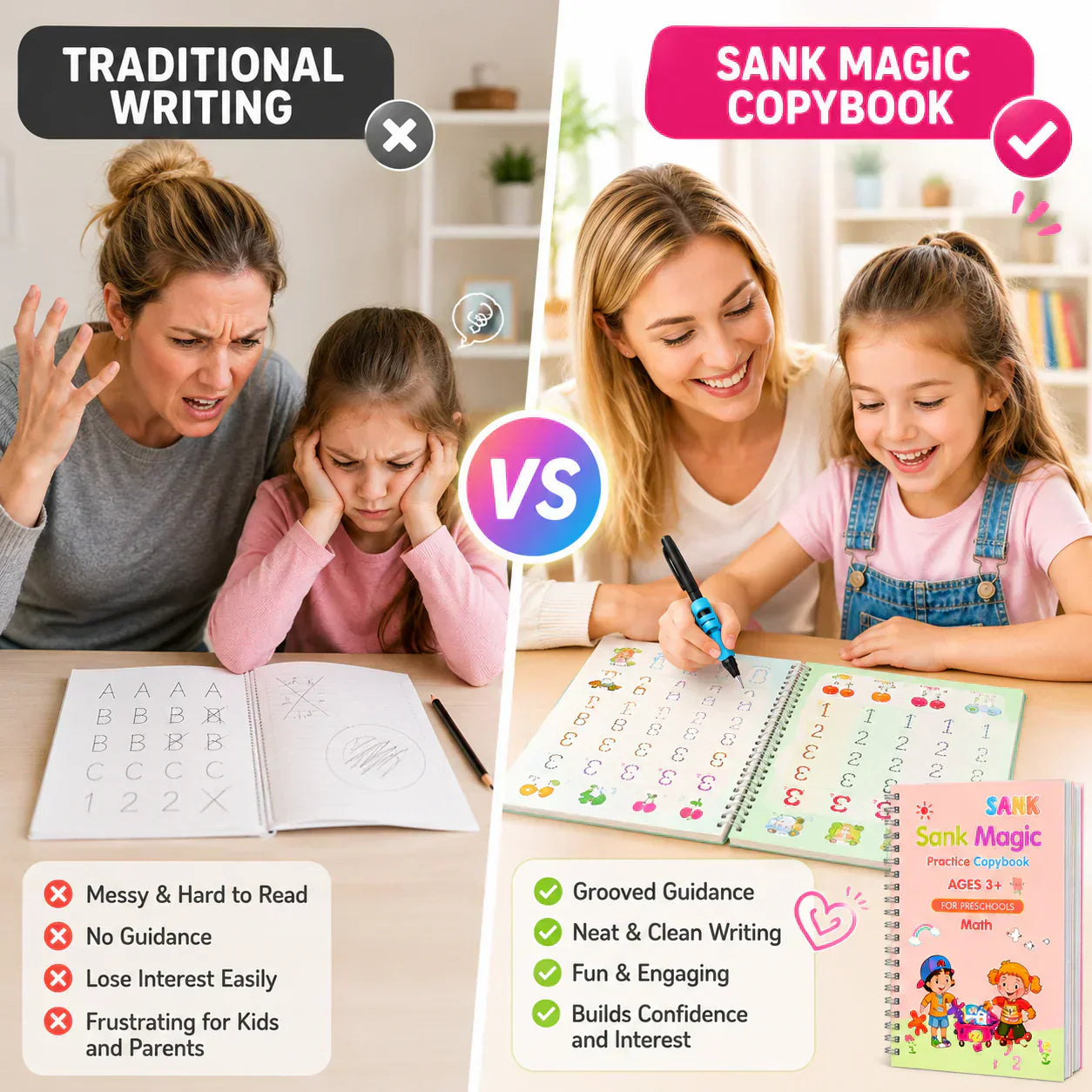 🏆Siste dag – spesialpris!🔥4-i-1 Fun – gjenbrukbare lærebøker📚✨Håndskrift • Tall • Tegning • Finmotorikk • Med penn med forsvinende blekk | Fra 2 år • Miljøvennlig og skjermfritt 🌱
