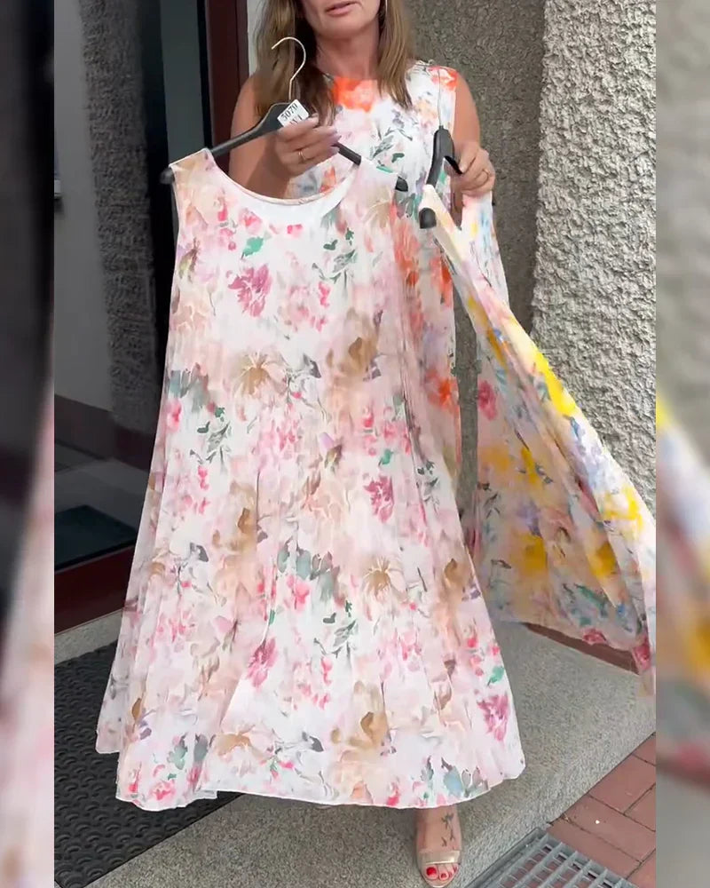 🔥Tidsbegrenset tilbud - Ermeløs midikjole med folder, blomstertrykk og fremhevet midje
