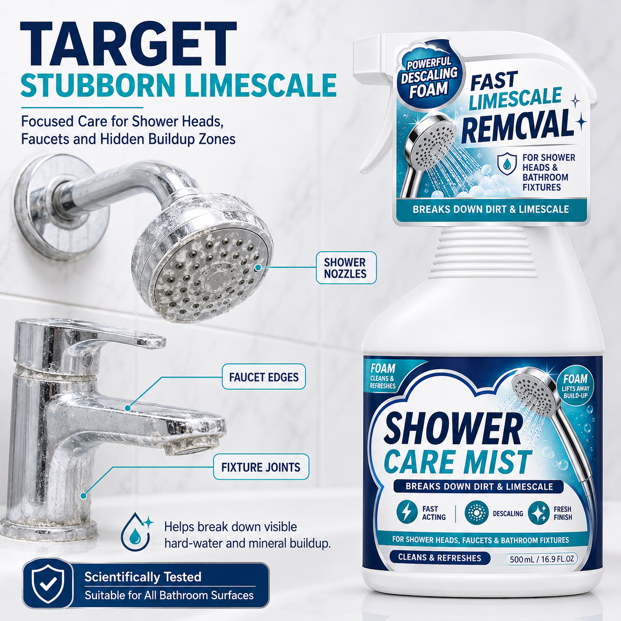 ❄️Summerfresh 50 % RABATT!🚿Hurtigvirkende kalkfjernerspray til badet – Rengjøringsmiddel for dusj, kran og hardt vann, 500 ml