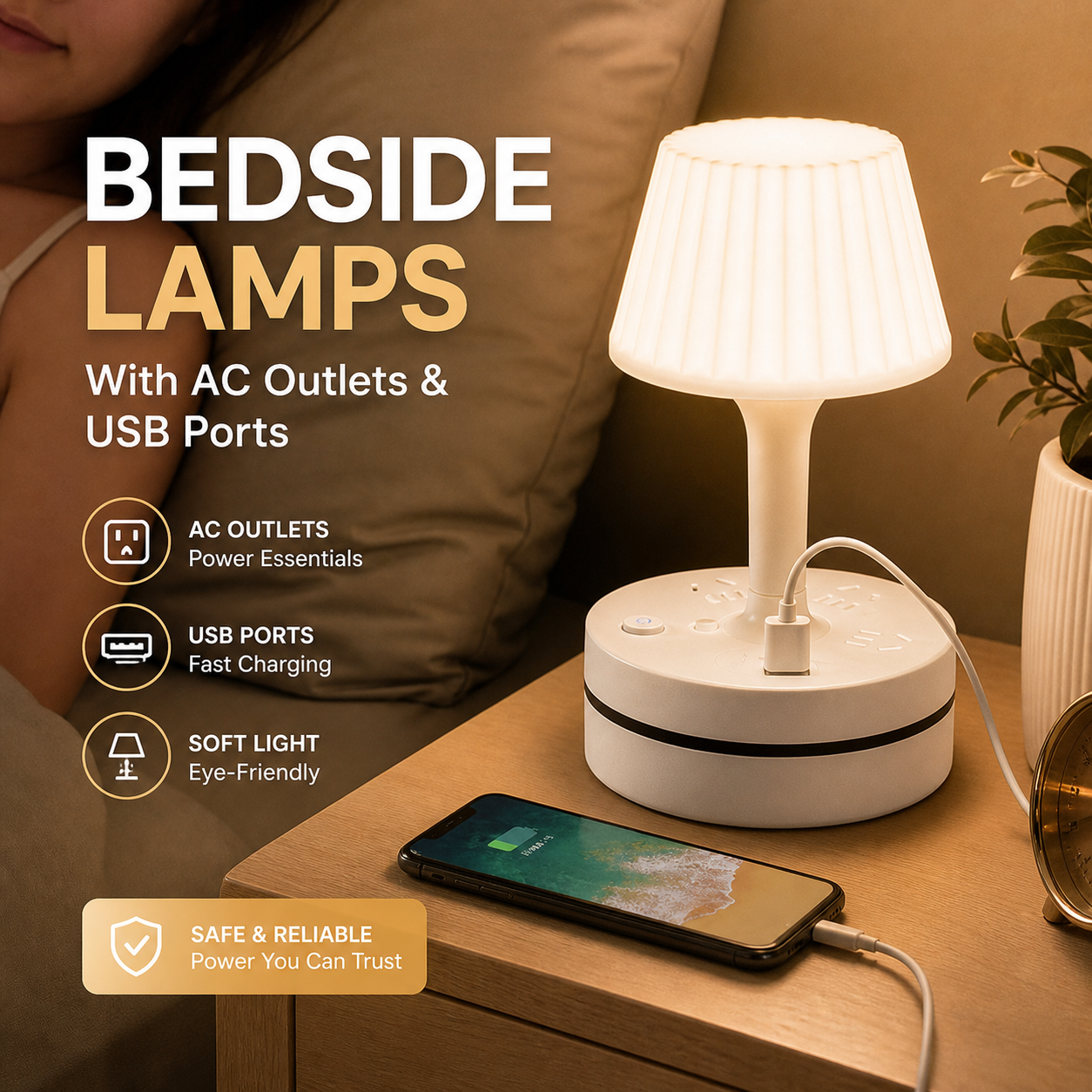 💡 Nattbordslampe med stikkontakter og USB-porter