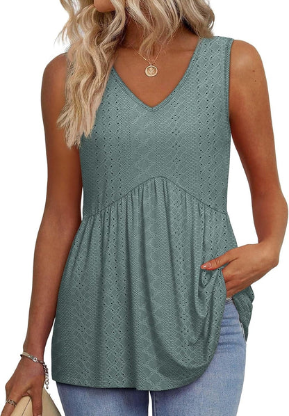 🌞VARMT SALG 48% RABATT👚Dameprint, flagrende, ermeløs peplum-tanktopper med V-hals