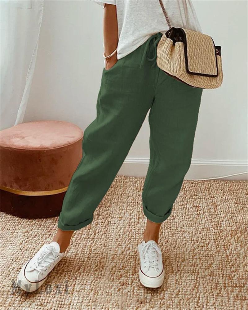 👖🌞Casual bomulls- og linbukser for kvinner – pustende, høy midje og ankelengde eleganse🤍