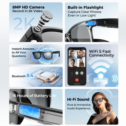 Gafas inteligentes con IA y ChatGPT, cámara de 8 MP y grabación de vídeo HD 1200P 4K, traducción en tiempo real en más de 160 idiomas, Bluetooth 5.4, audio HiFi y control de música, gafas de sol inteligentes con grabación de vídeo para llevar.