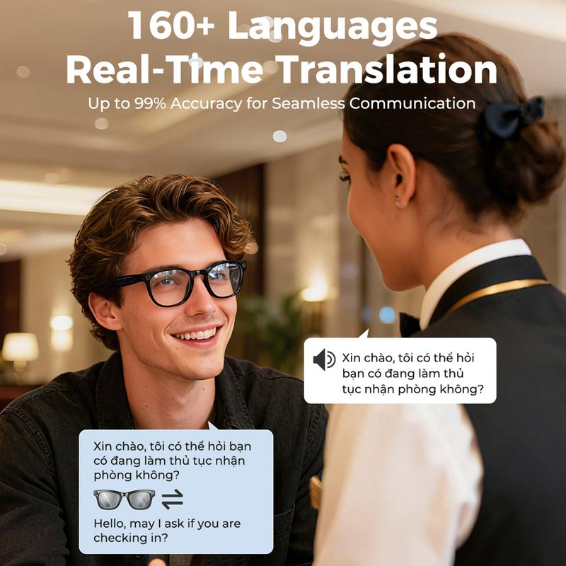 Gafas inteligentes con IA y ChatGPT, cámara de 8 MP y grabación de vídeo HD 1200P 4K, traducción en tiempo real en más de 160 idiomas, Bluetooth 5.4, audio HiFi y control de música, gafas de sol inteligentes con grabación de vídeo para llevar.