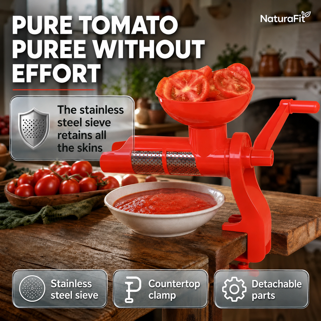❄️Summerfresh 48% rabatt!🍅Manuell grønnsaks- og fruktsil med filter i rustfritt stål – For puré, saus, passata, babymat og fruktpuré