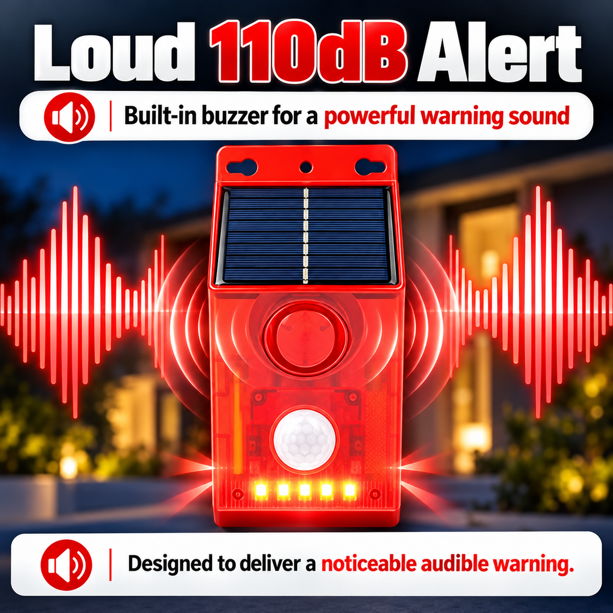 🎃Halloween-tilbud 50 % RABATT!🏡Solar PIR-bevegelsessensoralarm – 110 dB sirene, blinkende LED-lys og 4 moduser