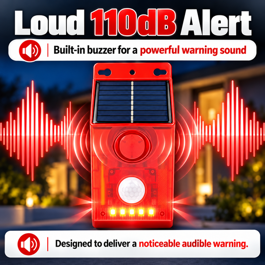 🎃Halloween-tilbud 50 % RABATT!🏡Solar PIR-bevegelsessensoralarm – 110 dB sirene, blinkende LED-lys og 4 moduser