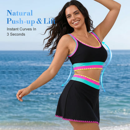 🌼Sporty 3-delt bikinisett i nylon med fargeblokker og lappeteppe - høy midje og magekontroll👙🌈