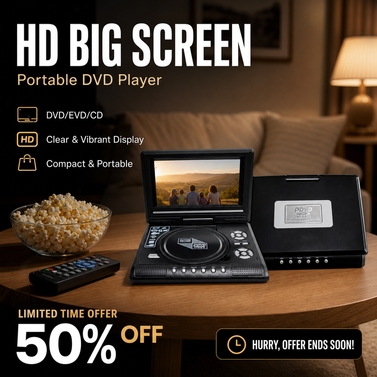 📺 7.8" HD bærbar DVD/EVD-spiller – Stor skjerm, oppladbar og kompatibel med DVD/CD/USB/SD – Perfekt for hjemmebruk og reiser 🔥 48% RABATT