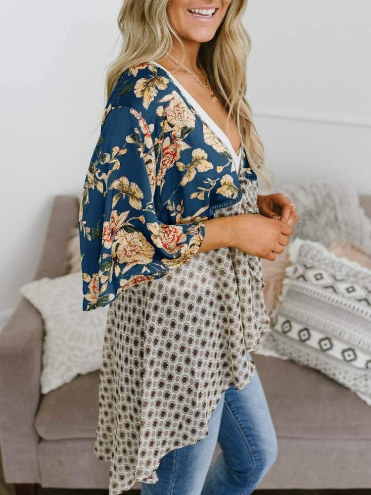 🌸Vårsalg 49 % rabatt🌸Blomstrete kimono-cardigans for damer med volanger på ermene, snøring og løst snitt i boho-stil