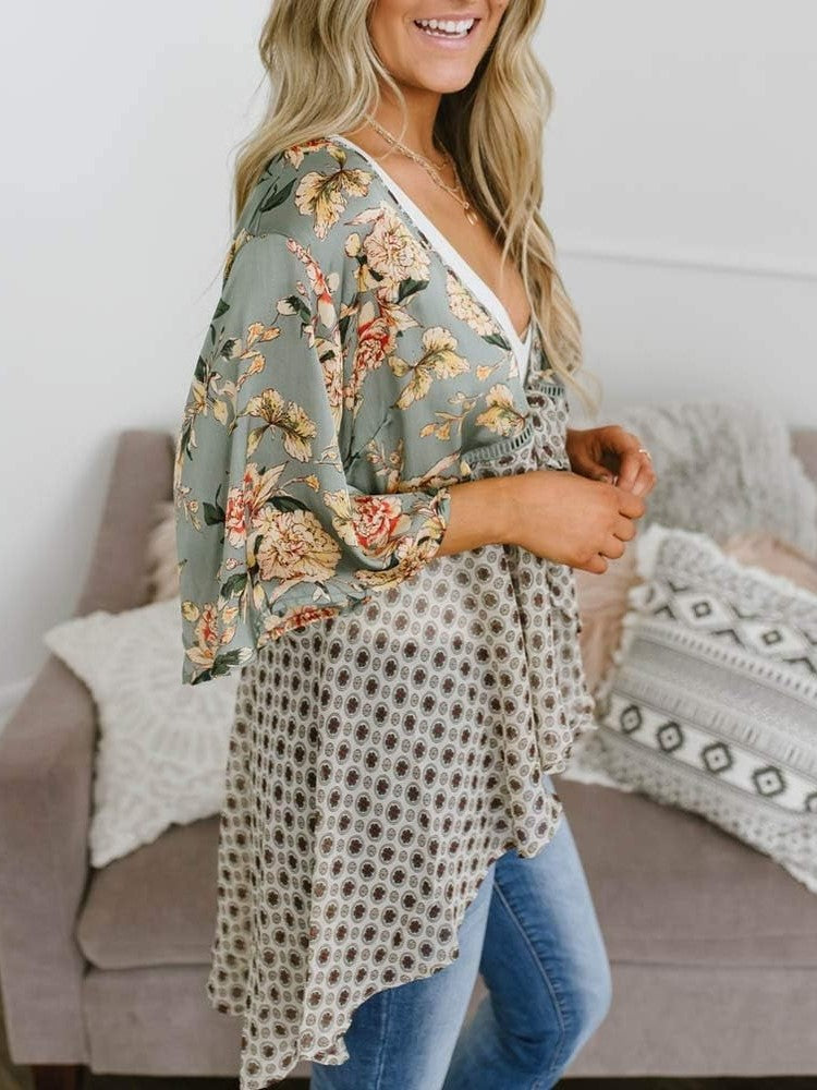 🌸Vårsalg 49 % rabatt🌸Blomstrete kimono-cardigans for damer med volanger på ermene, snøring og løst snitt i boho-stil
