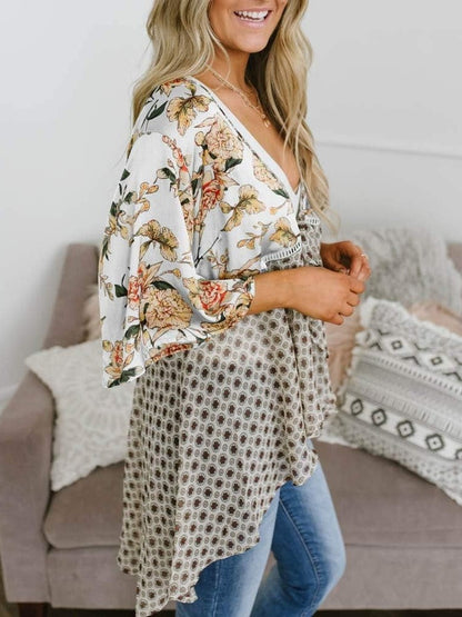 🌸Vårsalg 49 % rabatt🌸Blomstrete kimono-cardigans for damer med volanger på ermene, snøring og løst snitt i boho-stil