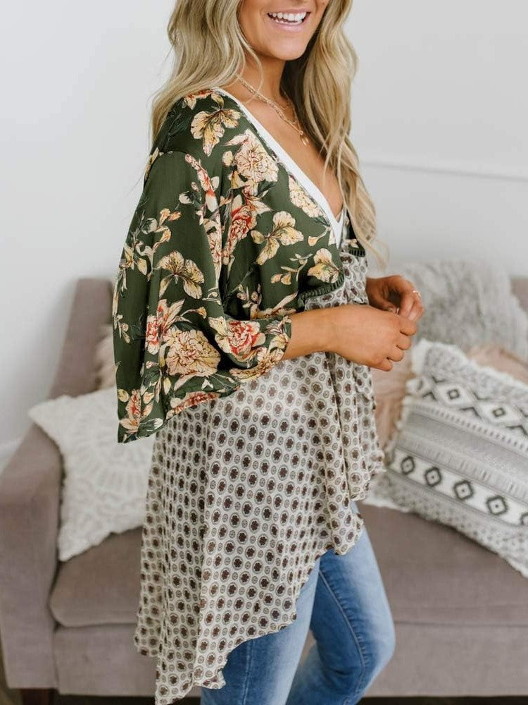 🌸Vårsalg 49 % rabatt🌸Blomstrete kimono-cardigans for damer med volanger på ermene, snøring og løst snitt i boho-stil