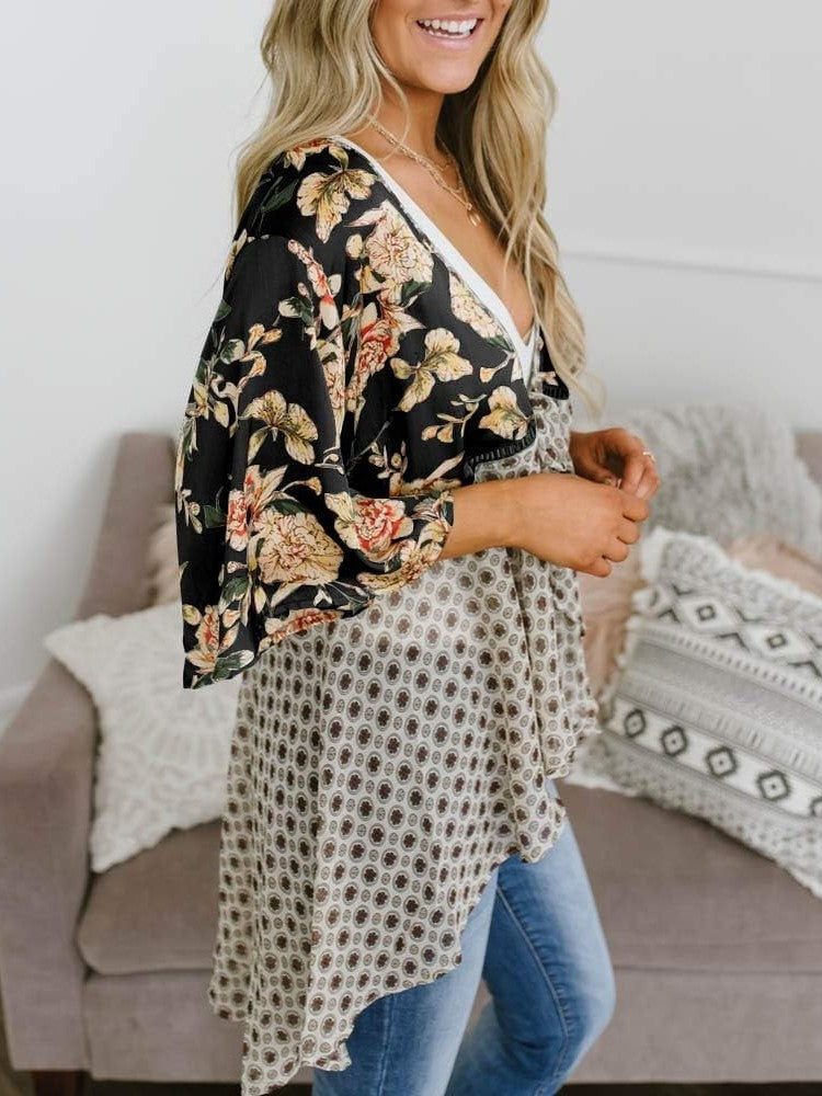🌸Vårsalg 49 % rabatt🌸Blomstrete kimono-cardigans for damer med volanger på ermene, snøring og løst snitt i boho-stil