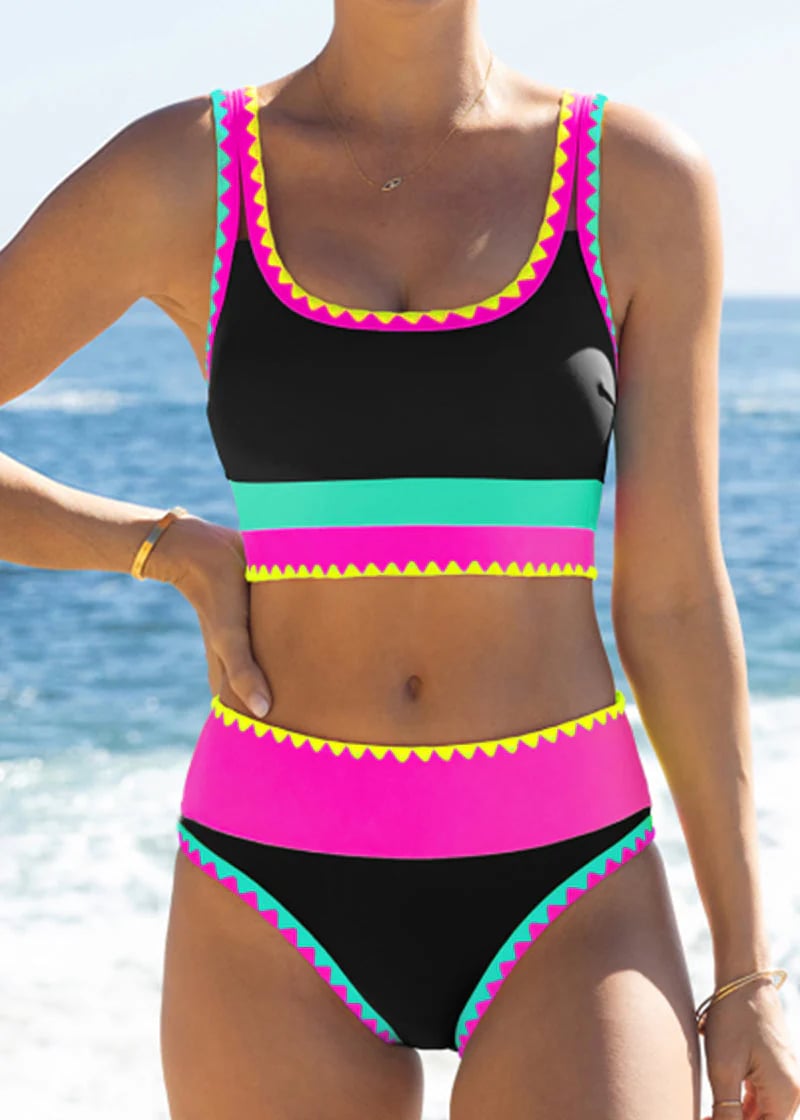 🌼Sporty 3-delt bikinisett i nylon med fargeblokker og lappeteppe - Badedrakt med høy midje og magekontroll👙🌈