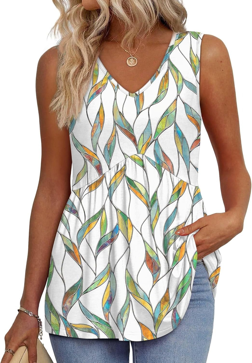 🌞VARMT SALG 48% RABATT👚Dameprint, flagrende, ermeløs peplum-tanktopper med V-hals