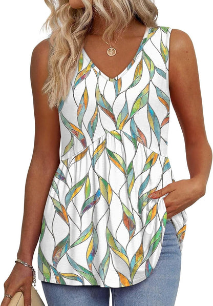 🌞VARMT SALG 48% RABATT👚Dameprint, flagrende, ermeløs peplum-tanktopper med V-hals