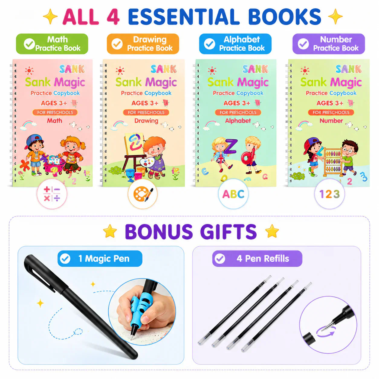 🏆Siste dag – spesialpris!🔥4-i-1 Fun – gjenbrukbare lærebøker📚✨Håndskrift • Tall • Tegning • Finmotorikk • Med penn med forsvinende blekk | Fra 2 år • Miljøvennlig og skjermfritt 🌱