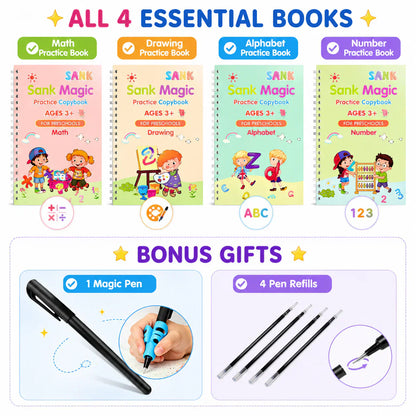 🏆Siste dag – spesialpris!🔥4-i-1 Fun – gjenbrukbare lærebøker📚✨Håndskrift • Tall • Tegning • Finmotorikk • Med penn med forsvinende blekk | Fra 2 år • Miljøvennlig og skjermfritt 🌱
