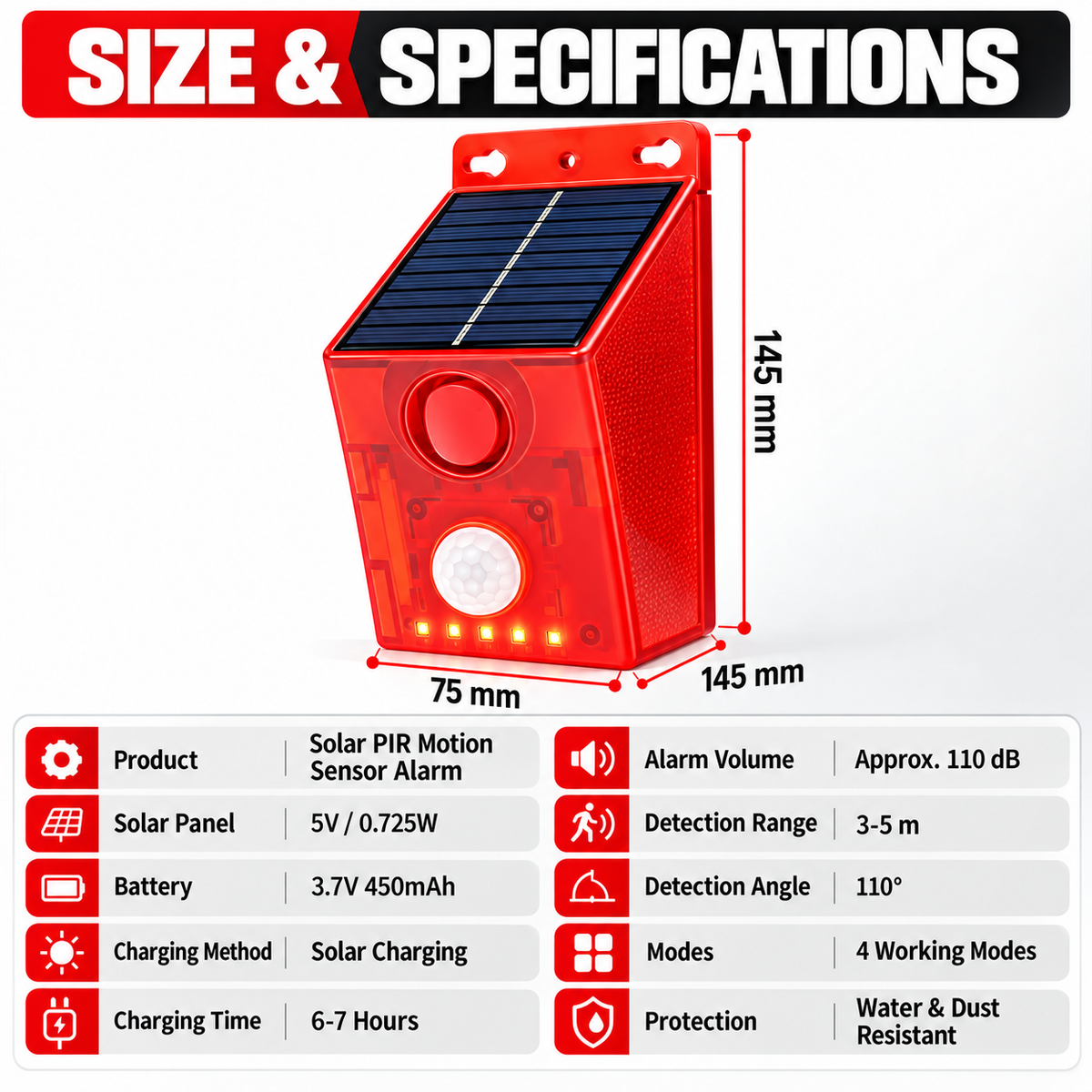 🎃Halloween-tilbud 50 % RABATT!🏡Solar PIR-bevegelsessensoralarm – 110 dB sirene, blinkende LED-lys og 4 moduser