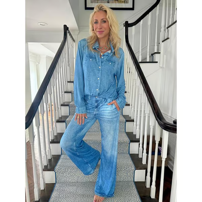 🌟 HELT NYTT STIL-SLAPP! 🌙 Denim Dreams-pysjamassett – Koselig passform, mykt loungewear med denim-look for komfort hele natten 🌟