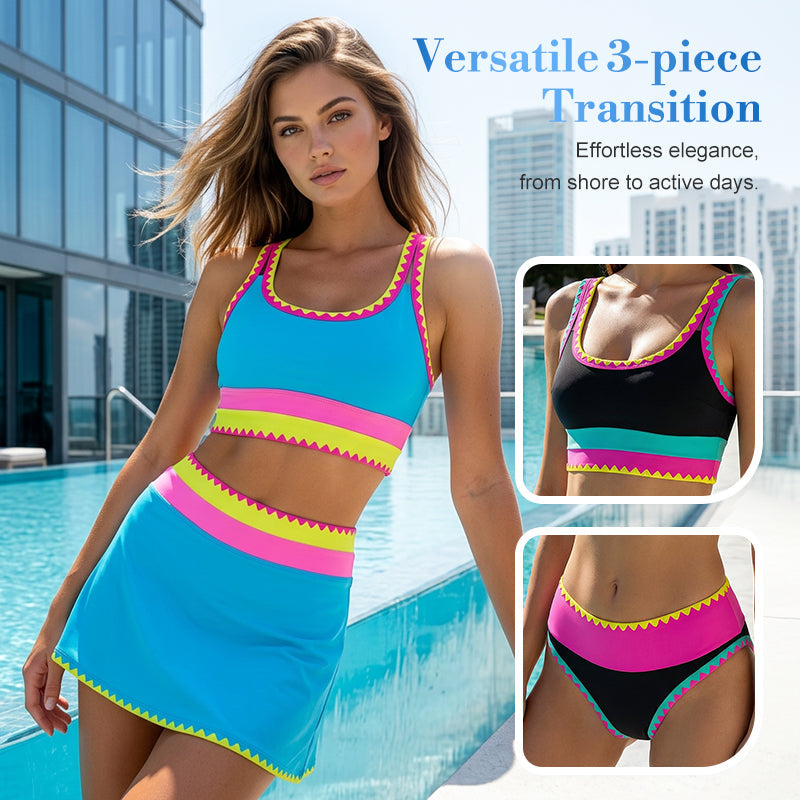 🌼Sporty 3-delt bikinisett i nylon med fargeblokker og lappeteppe - høy midje og magekontroll👙🌈