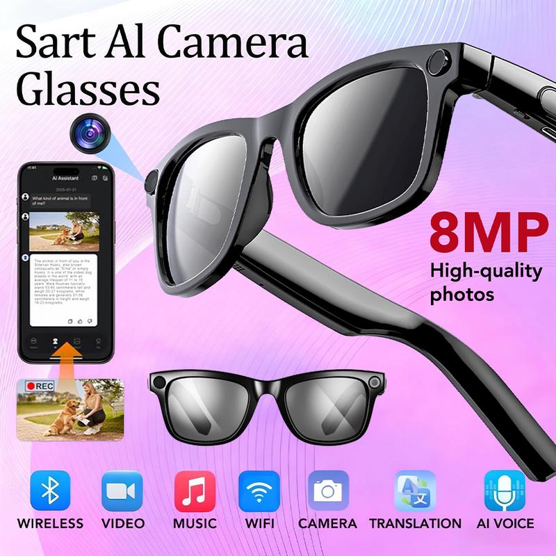Gafas inteligentes con IA y ChatGPT, cámara de 8 MP y grabación de vídeo HD 1200P 4K, traducción en tiempo real en más de 160 idiomas, Bluetooth 5.4, audio HiFi y control de música, gafas de sol inteligentes con grabación de vídeo para llevar.