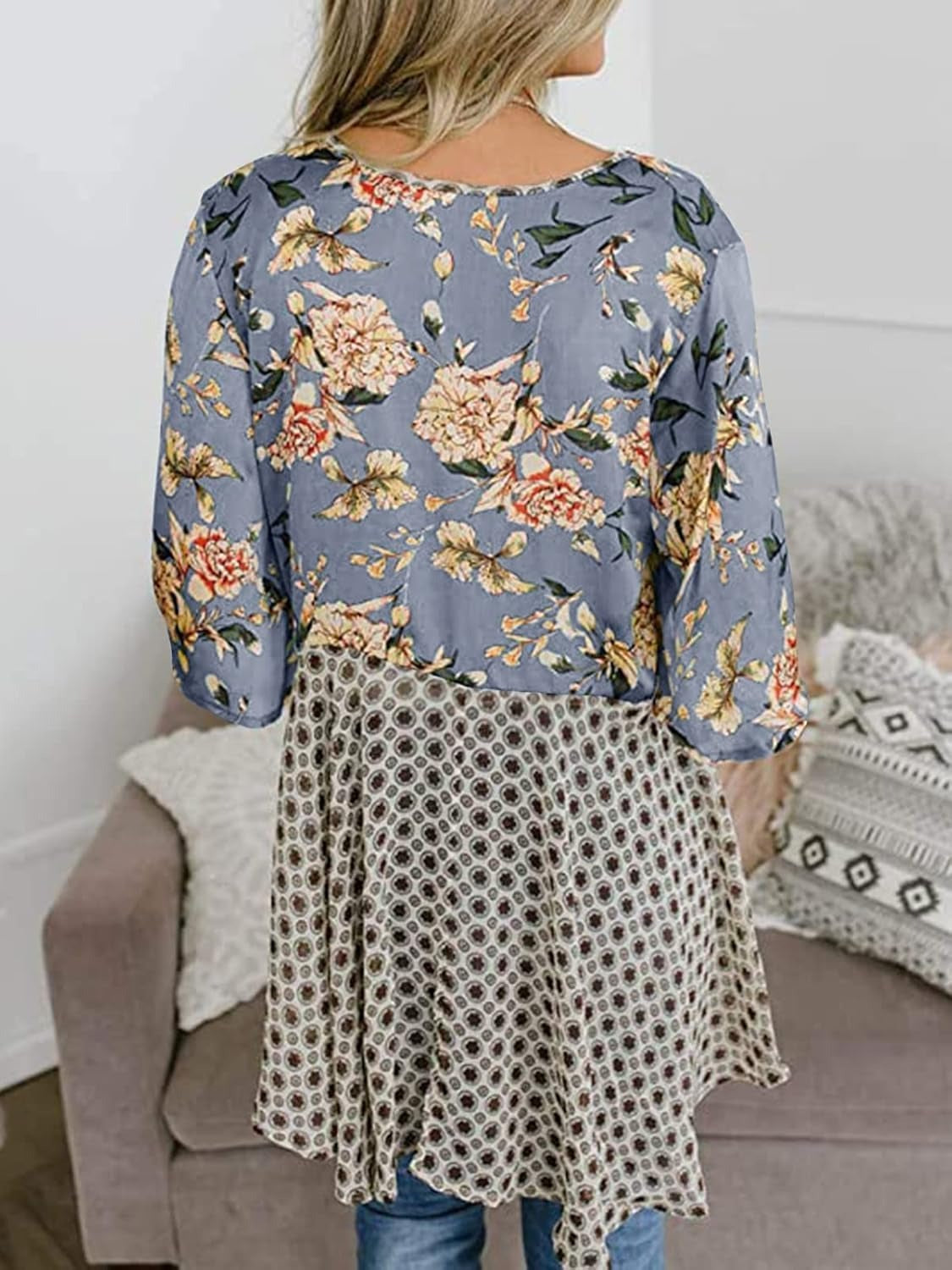 🌸Vårsalg 49 % rabatt🌸Blomstrete kimono-cardigans for damer med volanger på ermene, snøring og løst snitt i boho-stil