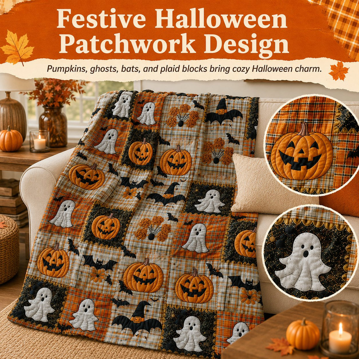 ⏳SISTE DAGS SALG 50%🎃Halloween Patchwork Flanellteppe