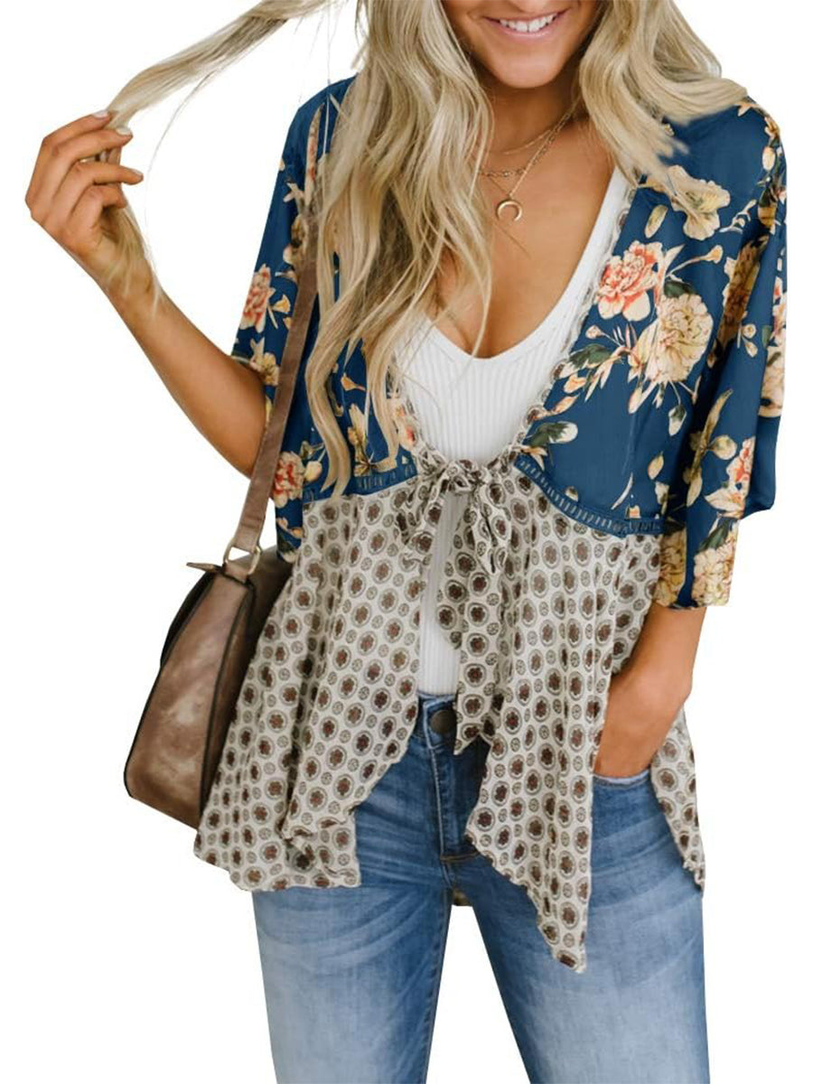🌸Vårsalg 49 % rabatt🌸Blomstrete kimono-cardigans for damer med volanger på ermene, snøring og løst snitt i boho-stil