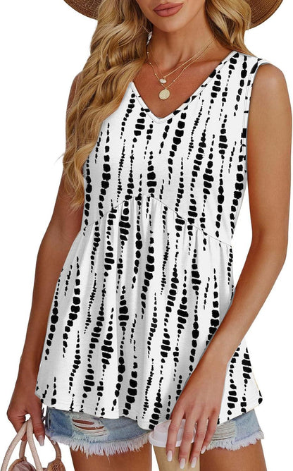 🌞VARMT SALG 48% RABATT👚Dameprint, flagrende, ermeløs peplum-tanktopper med V-hals